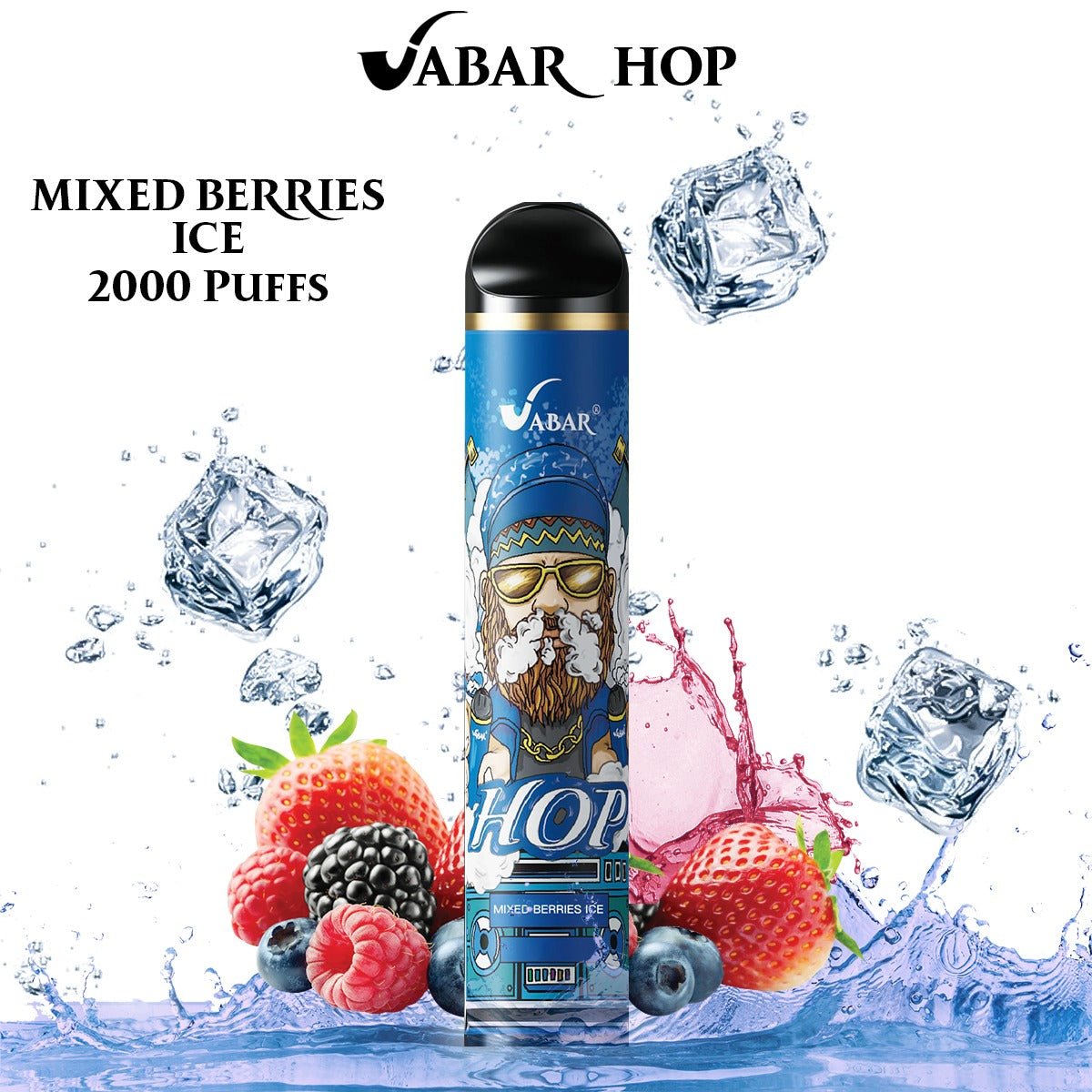 Disposable vape pen in Mixed Berries Ice flavor, blue-and-black body with illustrated label.