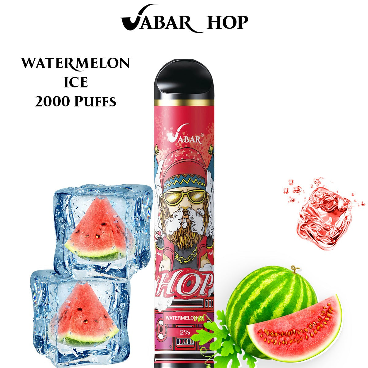 Disposable vape pen in Watermelon Ice flavor, pink-and-black body with label art.