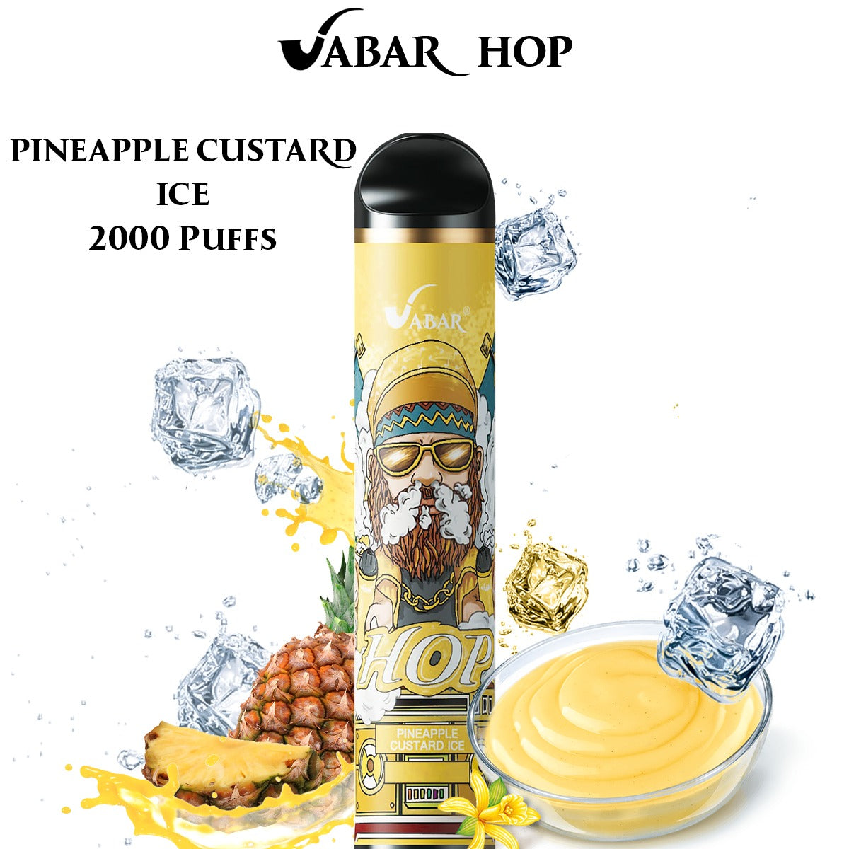 Disposable vape pen in Pineapple Custard Ice flavor, yellow-and-black body with label design.