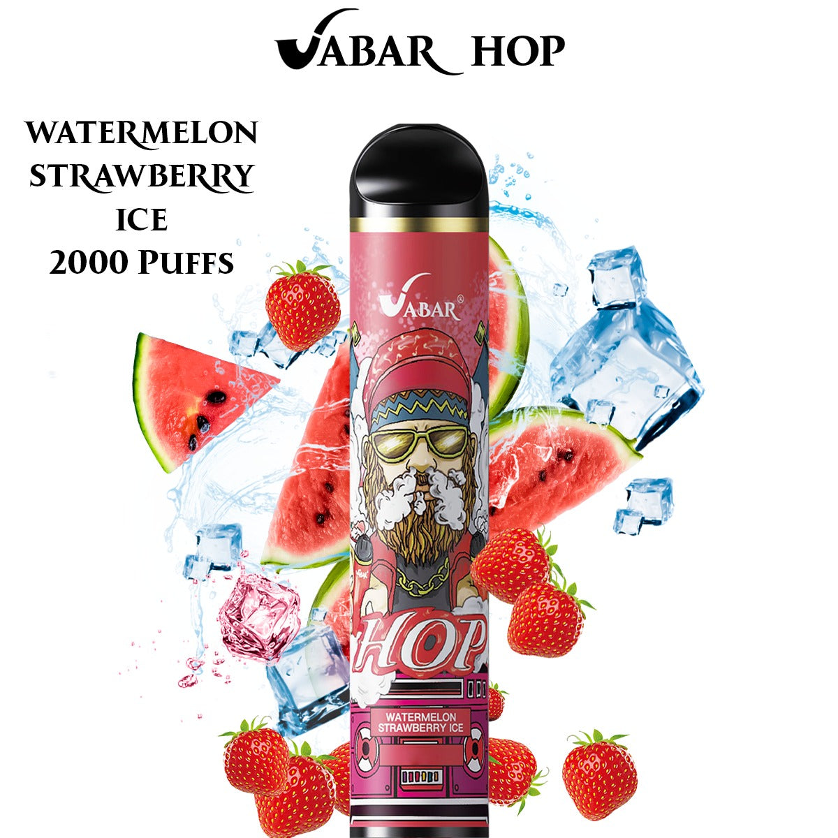 Disposable vape pen in Watermelon Strawberry Ice flavor, pink-and-black body with label art.