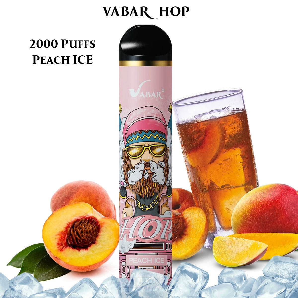 Disposable vape pen in Peach Ice flavor, light-pink and black body with flavor label.