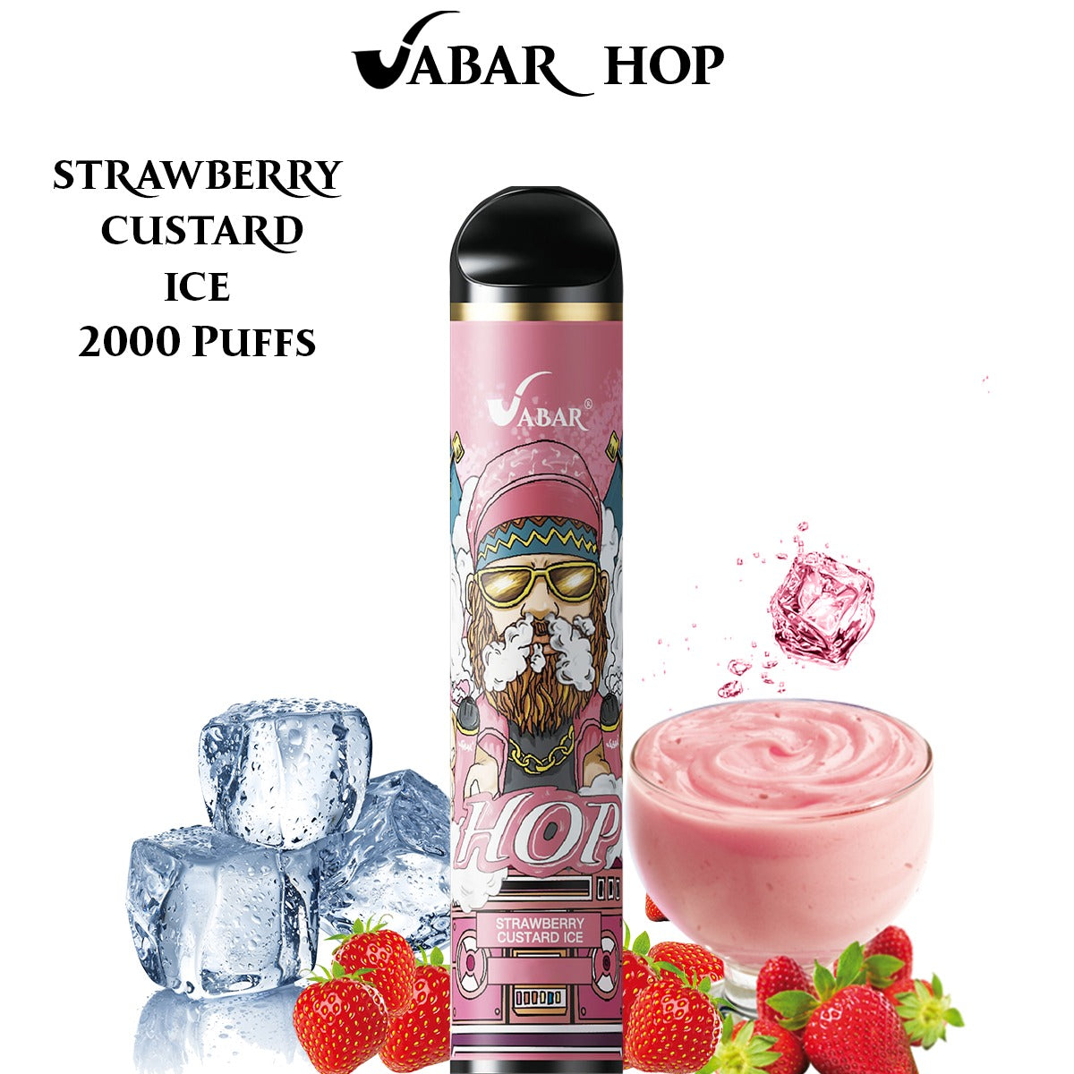 Disposable vape pen in Strawberry Custard Ice flavor, pink-and-black body with label artwork.