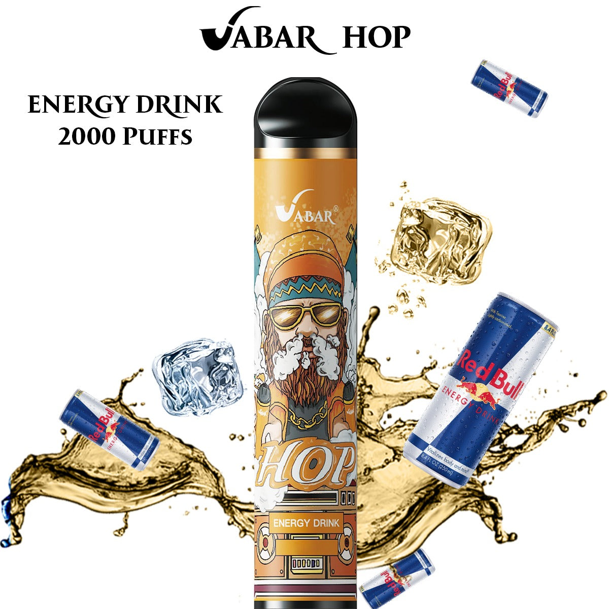 Disposable vape pen in Energy Drink flavor, gold-and-black body with printed control label.