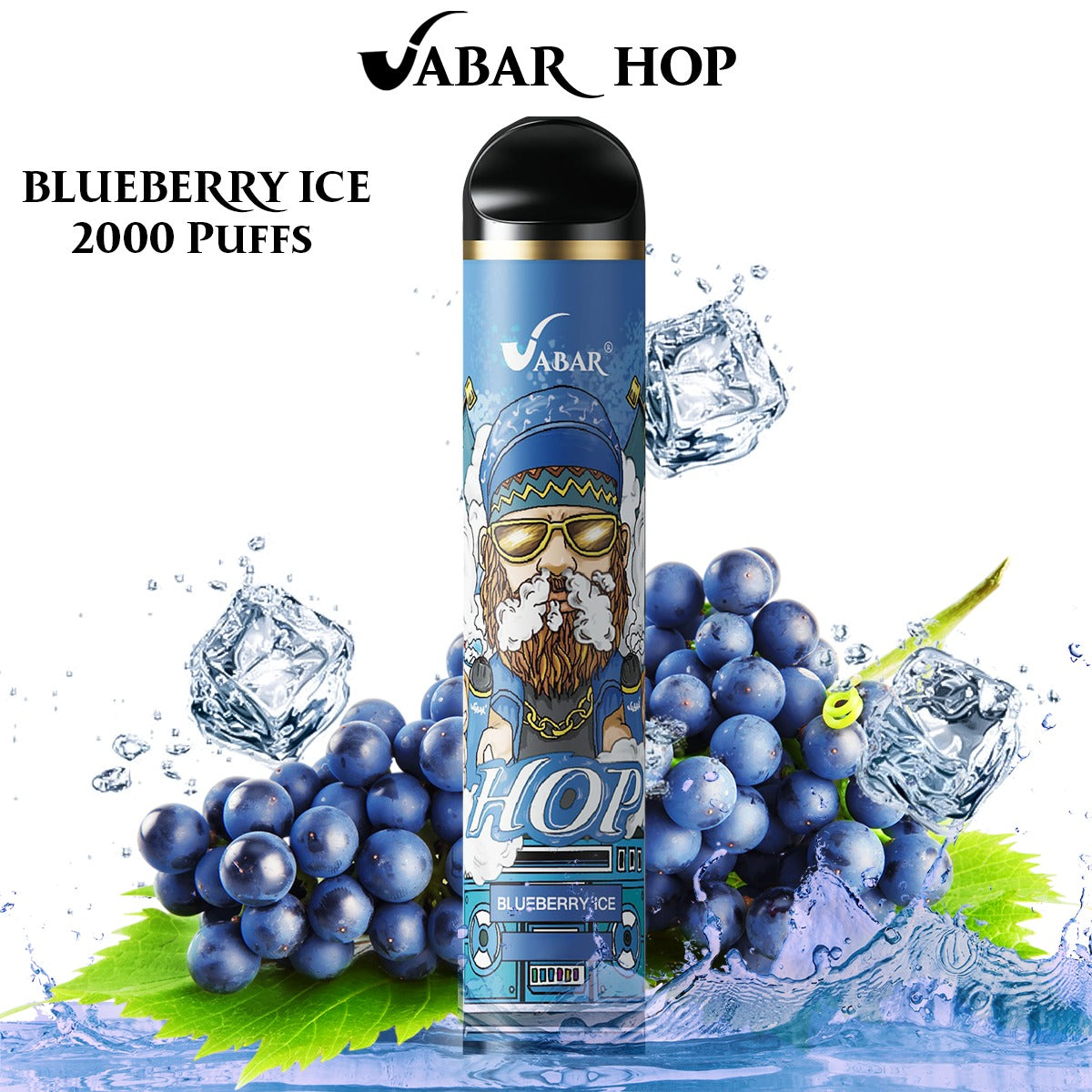 Disposable vape pen in Blueberry Ice flavor, blue-and-black body with label graphic.