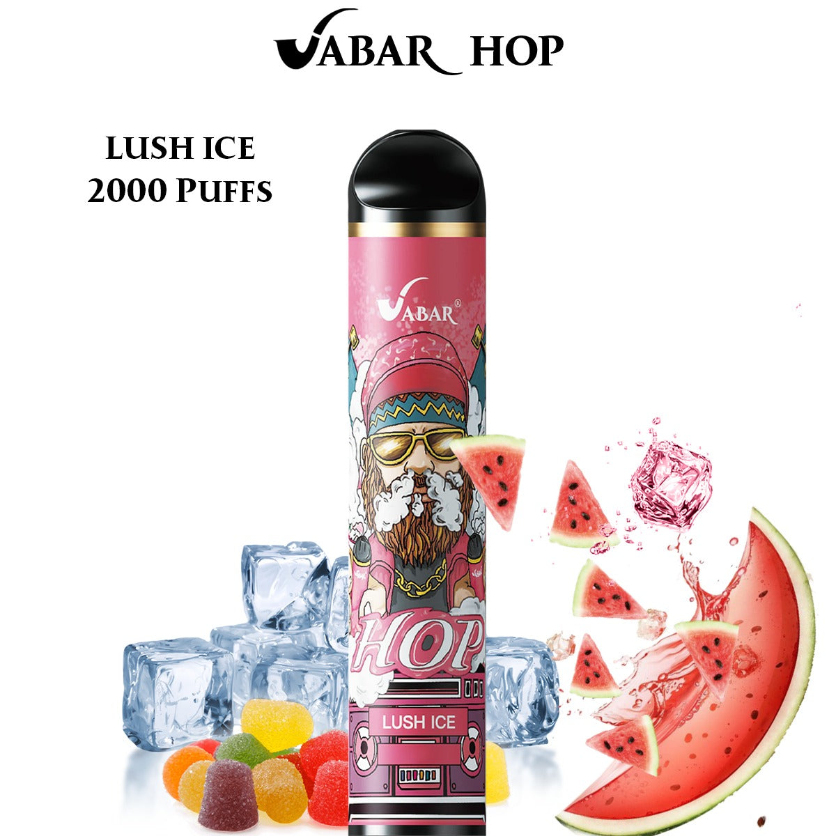 Disposable vape with pink “Lush Ice” label, black mouthpiece, 2000 puffs.
