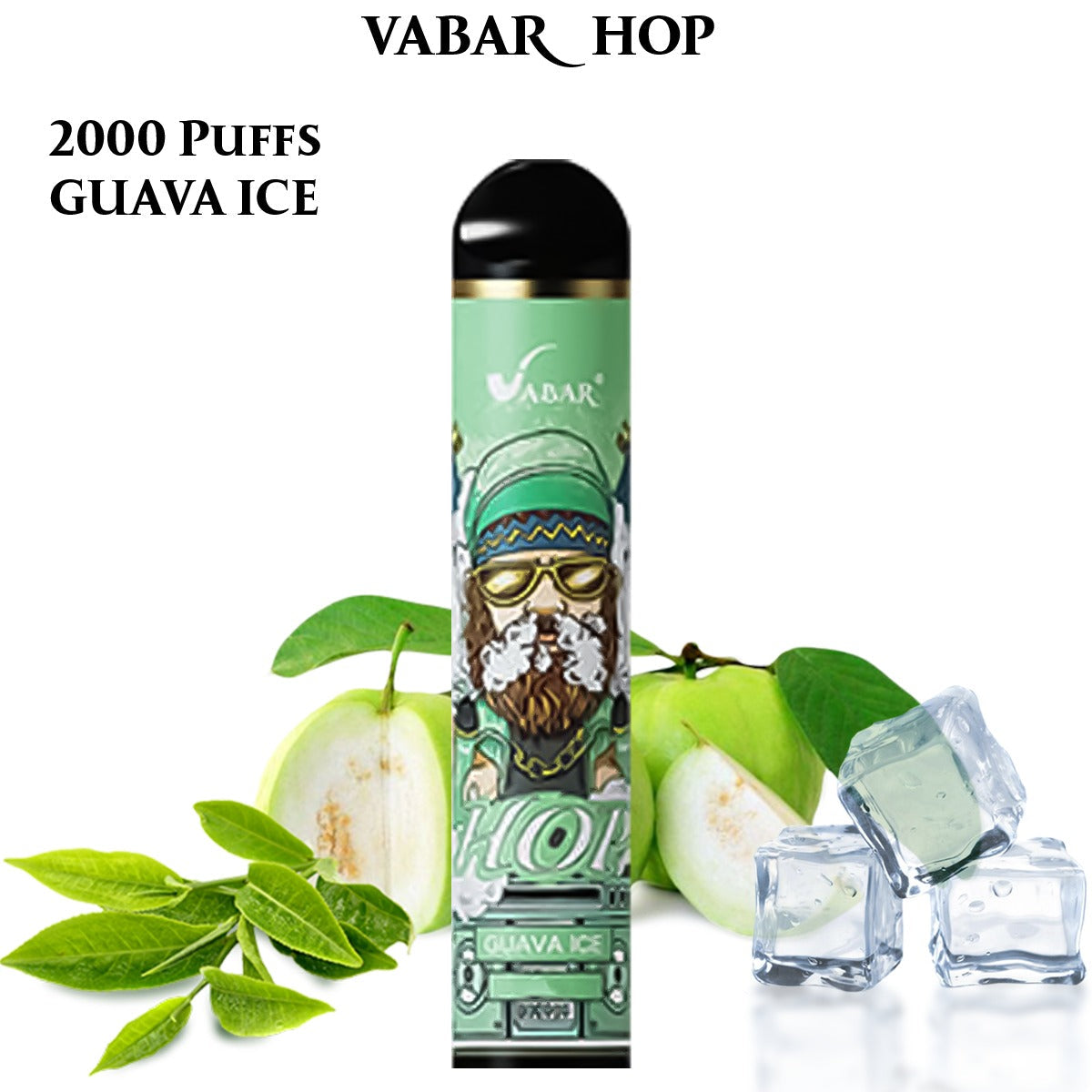 Disposable vape with green “Guava Ice” label, black mouthpiece, guava and ice accents.