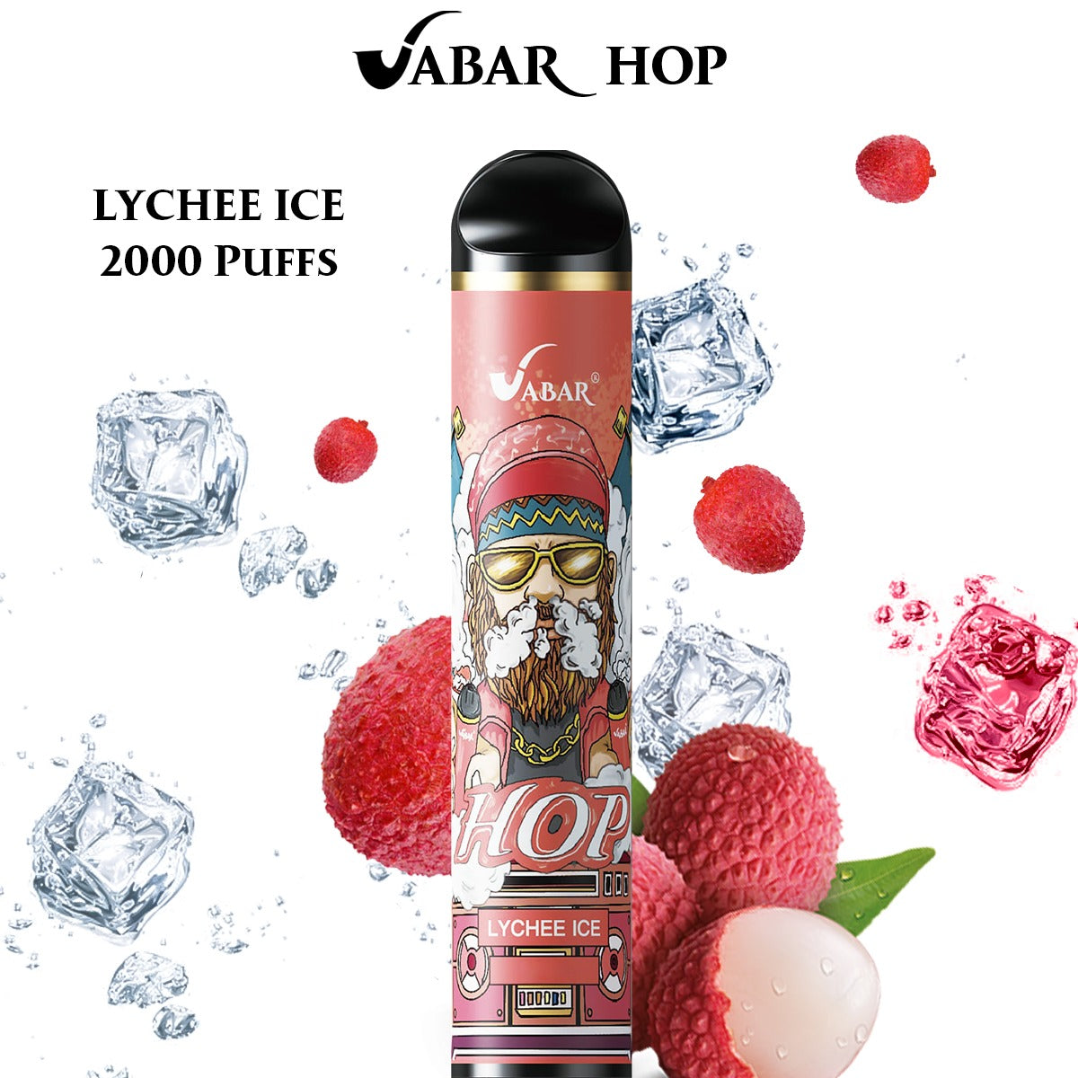 Disposable vape with pink “Lychee Ice” label, black mouthpiece, lychee and ice accents.
