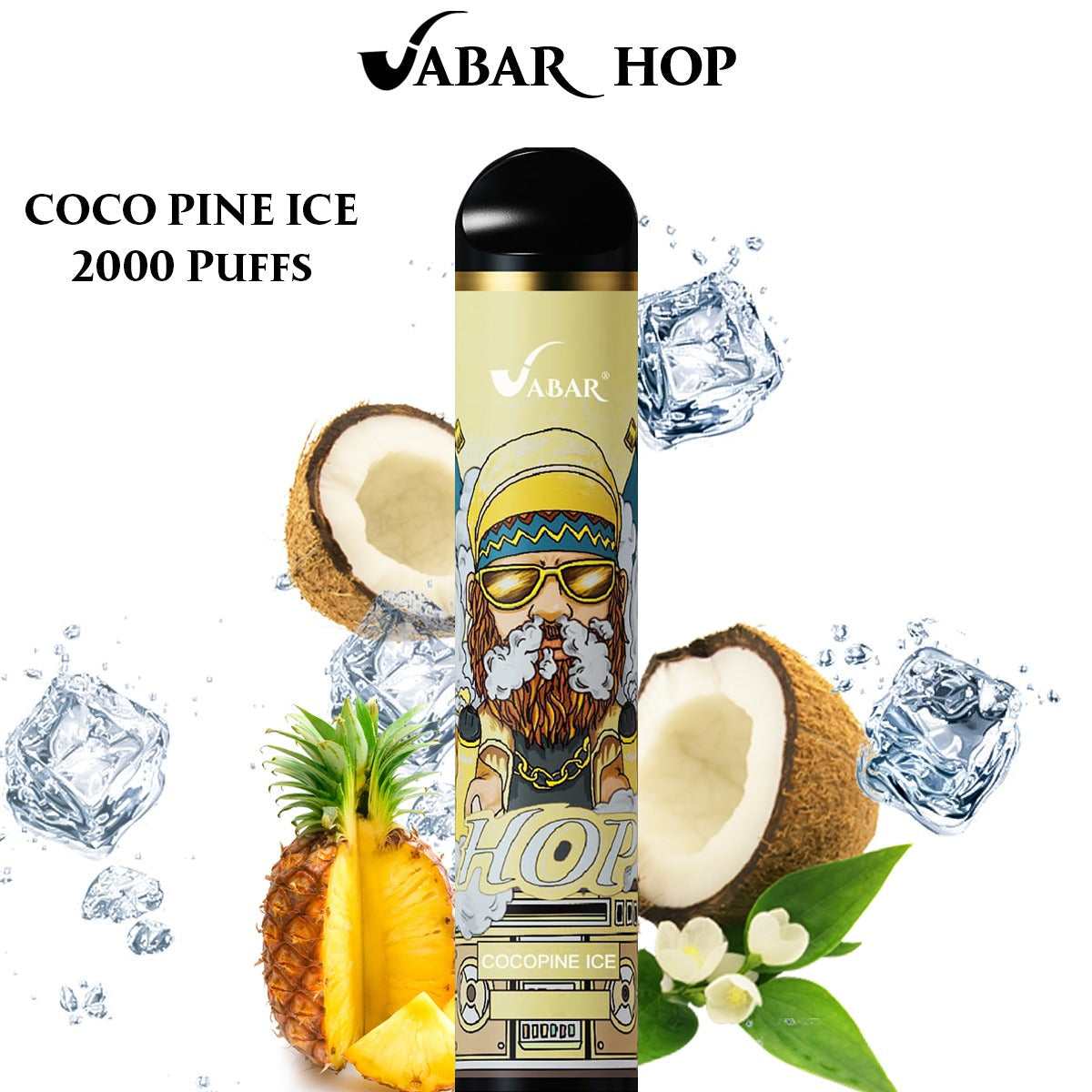 Disposable vape with gold “Coco Pine Ice” label, black mouthpiece, coconut and pineapple accents.