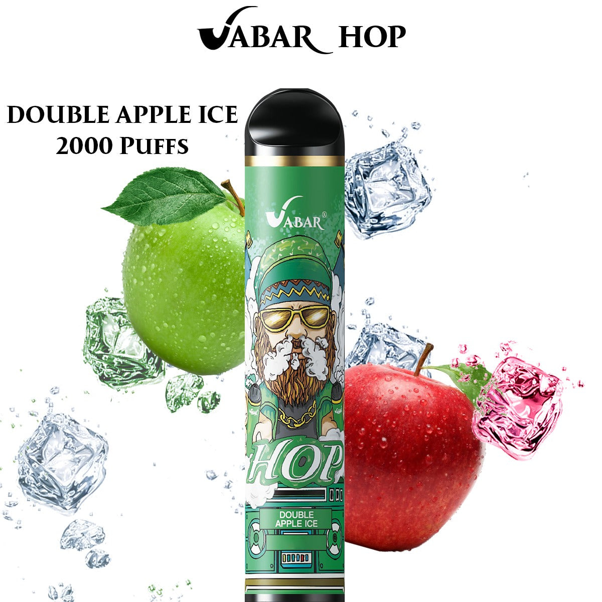 Disposable vape with green “Double Apple Ice” label, black mouthpiece, apple and ice accents.