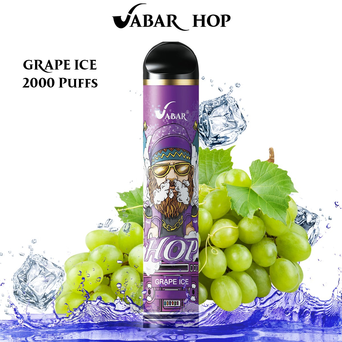 Disposable vape with purple “Grape Ice” label, black mouthpiece, grapes and ice accents.