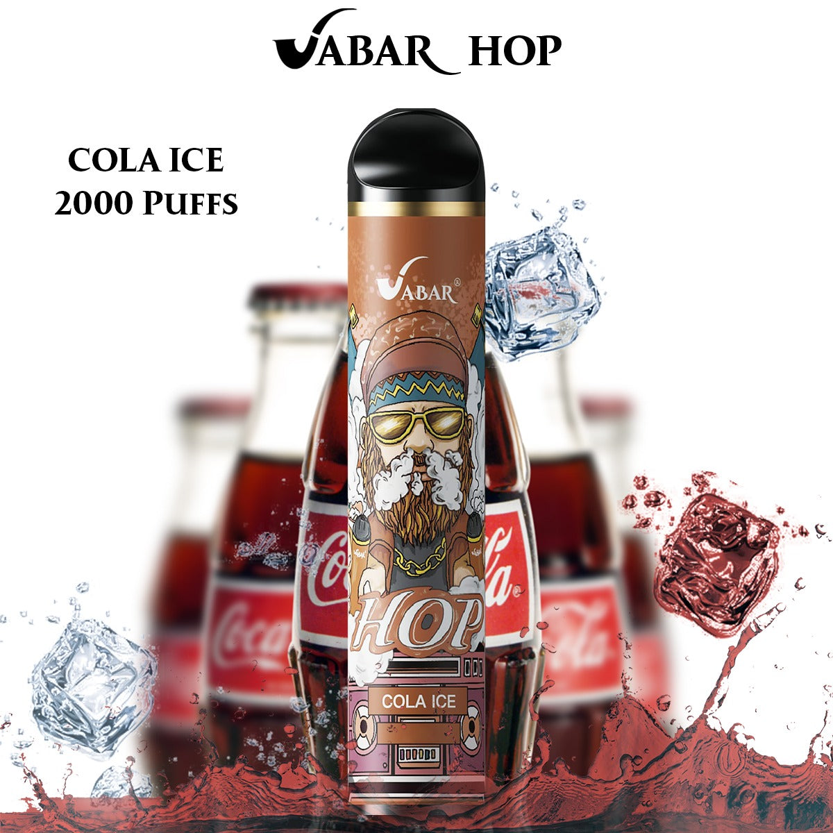 Disposable vape with brown “Cola Ice” label, black mouthpiece, cola splash accents.