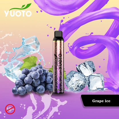 Yuoto disposable vape pen, metallic design with black top; Grape ice flavor.