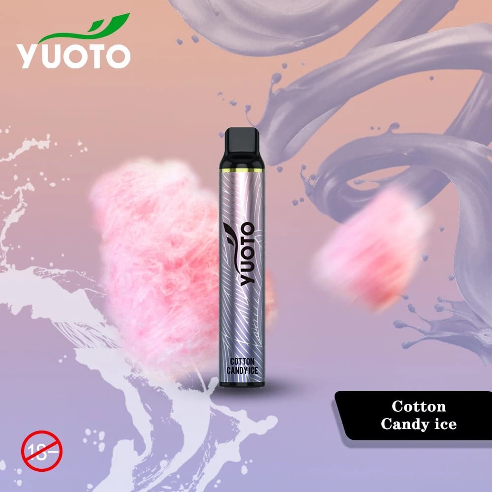 Yuoto disposable vape pen, silver body with black top; Cotton Candy ice flavor.