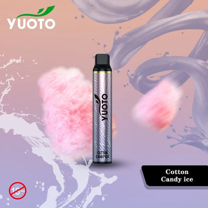 Yuoto disposable vape pen, silver body with black top; Cotton Candy ice flavor.