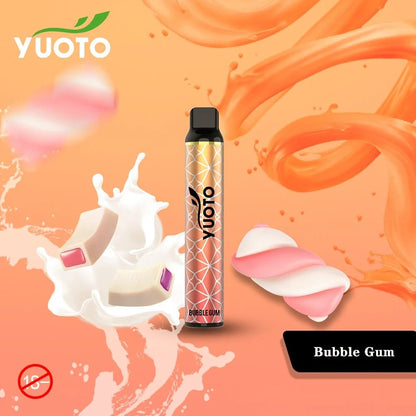 Yuoto disposable vape pen, peach-colored design with black top; Bubble Gum flavor.