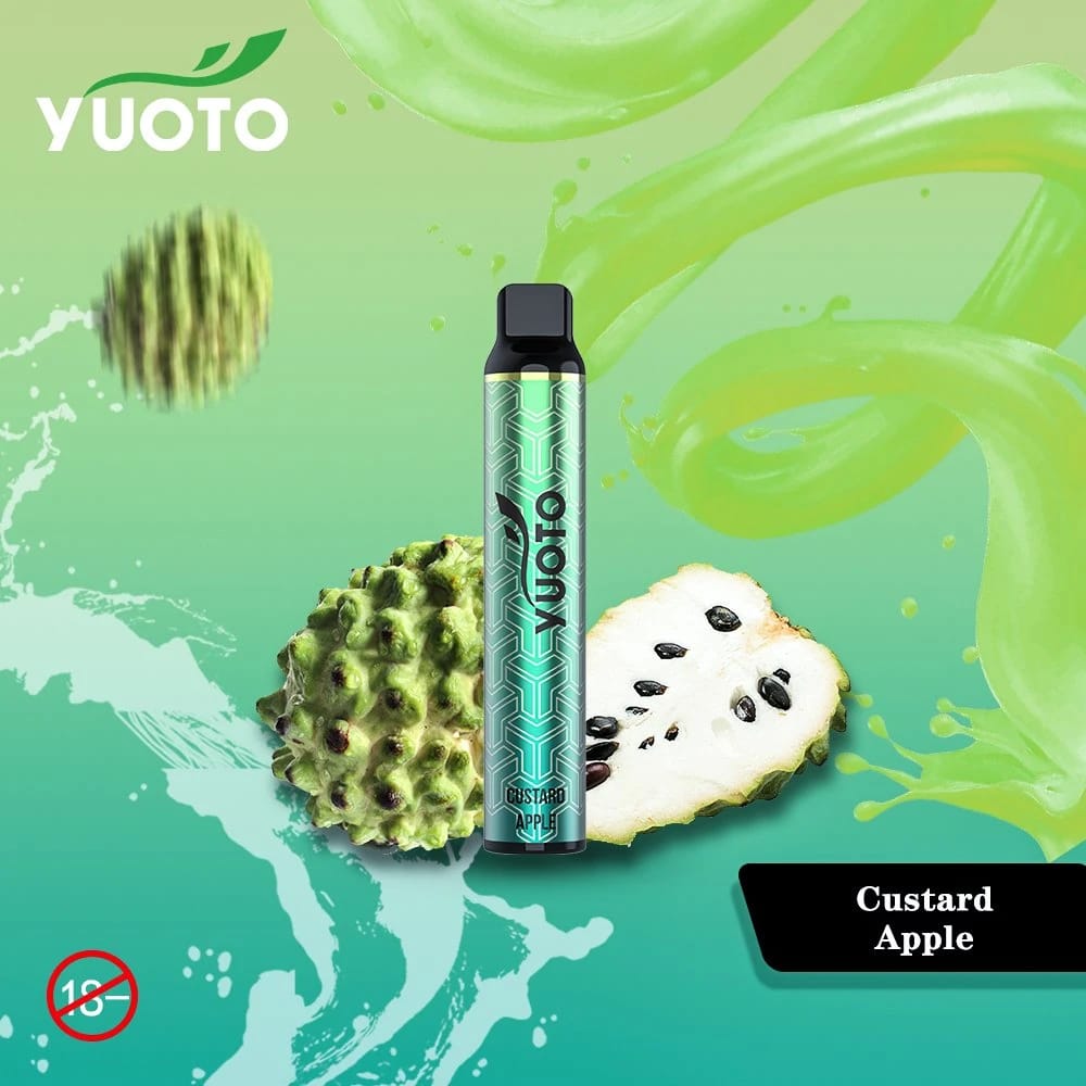 Yuoto disposable vape pen, silver body with black top; Custard Apple flavor.