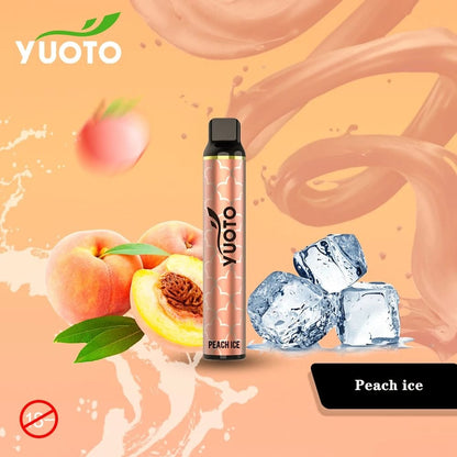Yuoto disposable vape pen, pink-orange design with black top; Peach ice flavor.