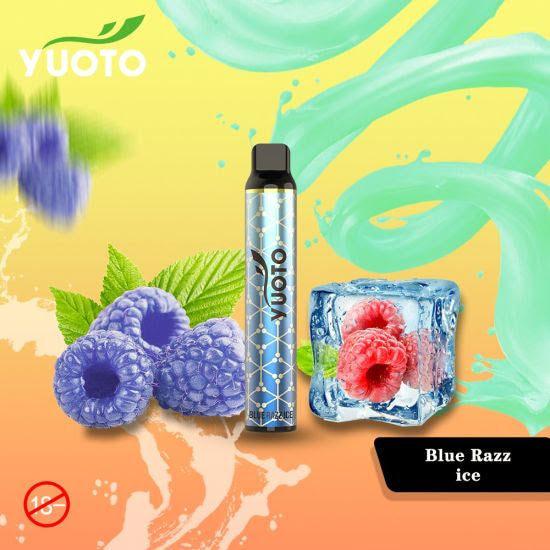 Yuoto disposable vape pen, blue-accent design with black top; Blue Razz ice flavor.