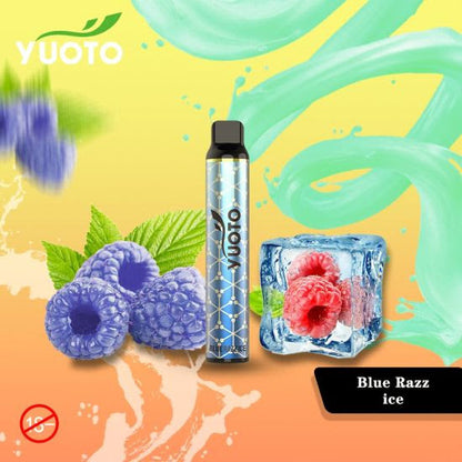 Yuoto disposable vape pen, blue-accent design with black top; Blue Razz ice flavor.