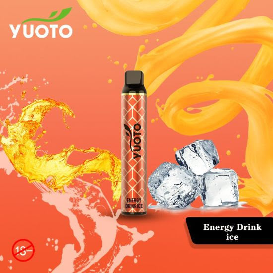 Yuoto disposable vape pen, orange design with black top; Energy Drink ice flavor.