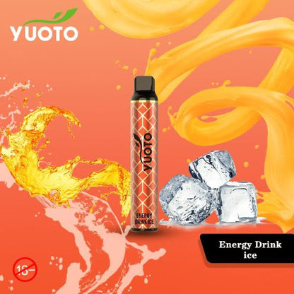 Yuoto disposable vape pen, orange design with black top; Energy Drink ice flavor.