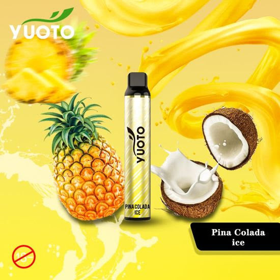 Yuoto disposable vape pen, white design with black top; Pina Colada ice flavor.