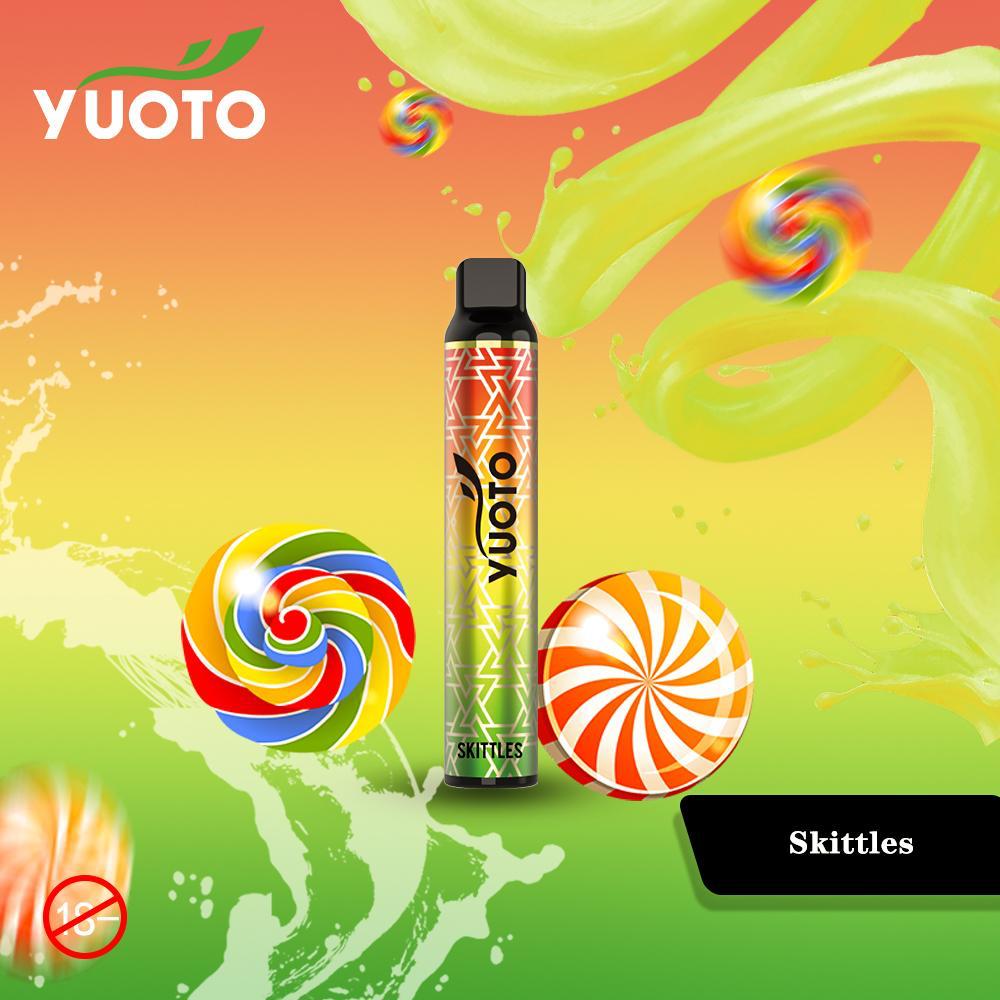 Disposable vape pen with patterned yellow-and-orange body and black mouthpiece.