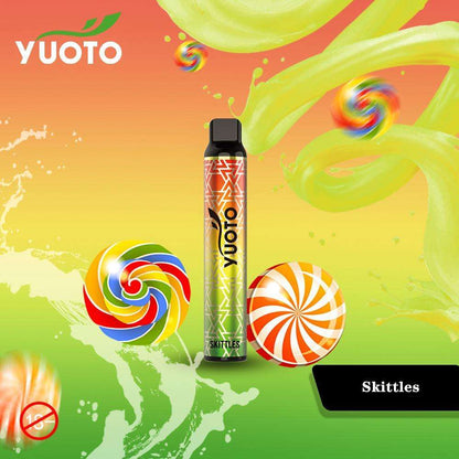 Disposable vape pen with patterned yellow-and-orange body and black mouthpiece.