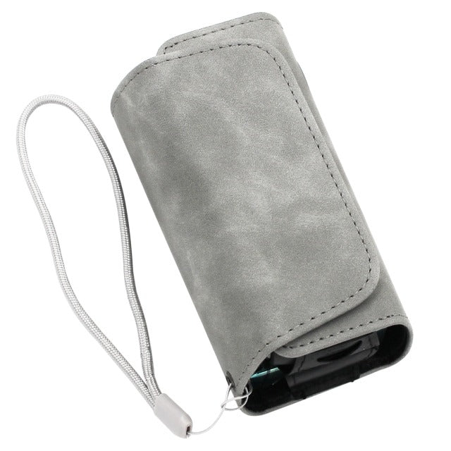 Silver-gray flip-top case pouch holder with lanyard strap, open top visible.