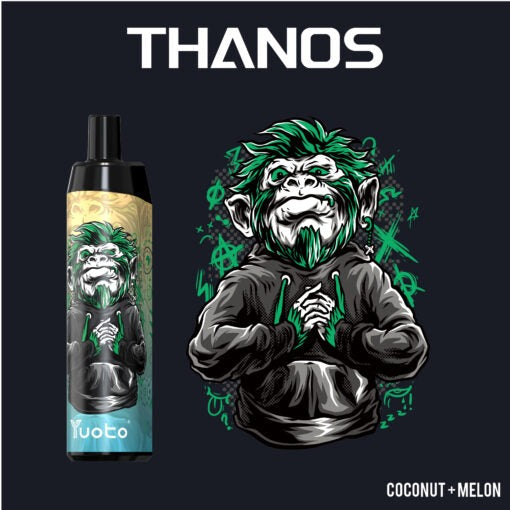 Yuoto Thanos disposable vape in black and gold, Coconut + Melon flavor artwork