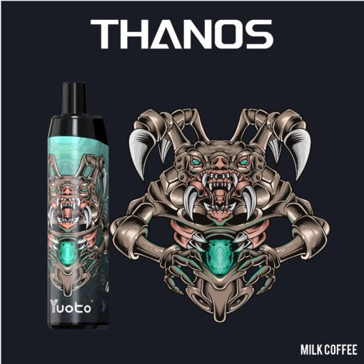 Yuoto Thanos disposable vape in light blue, Milk Coffee flavor artwork