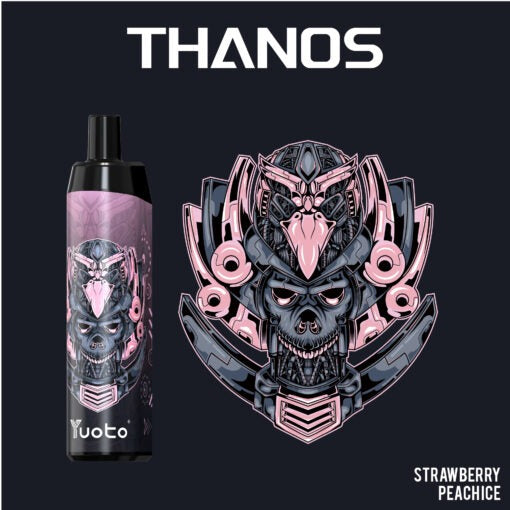 Yuoto Thanos disposable vape in purple-pink, Strawberry Peach Ice flavor artwork