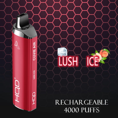 Red rechargeable disposable vape with black mouthpiece, Lush Ice flavor.