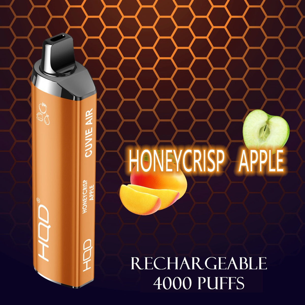 Orange rechargeable disposable vape with black mouthpiece, Honeycrisp Apple flavor.