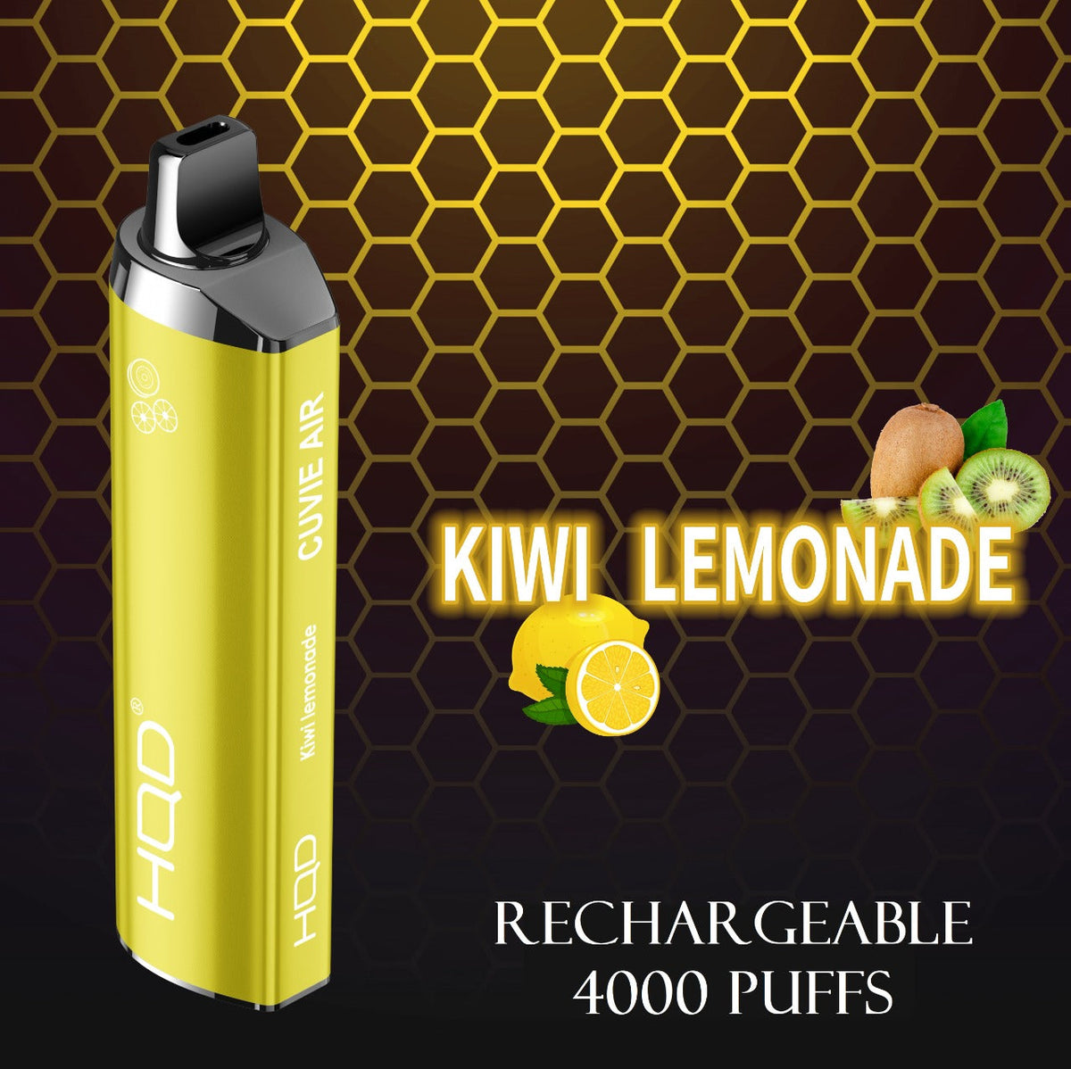Yellow-green rechargeable disposable vape with black mouthpiece, Kiwi Lemonade flavor.