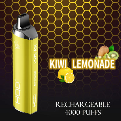 Yellow-green rechargeable disposable vape with black mouthpiece, Kiwi Lemonade flavor.