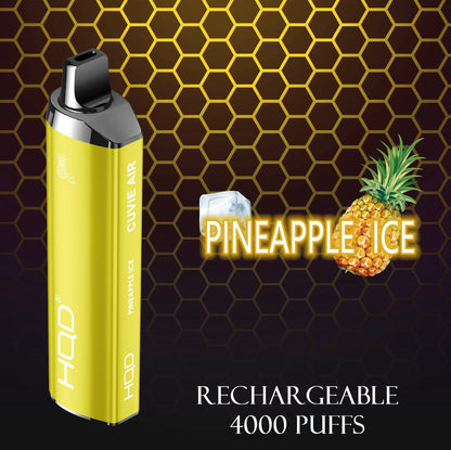Bright yellow rechargeable disposable vape with black mouthpiece, Pineapple Ice flavor.