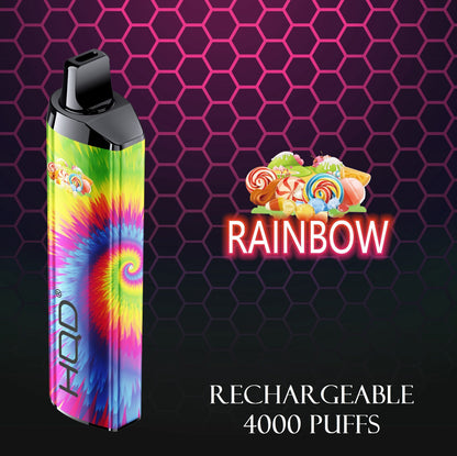 Rainbow-colored rechargeable disposable vape with black mouthpiece, Rainbow flavor.