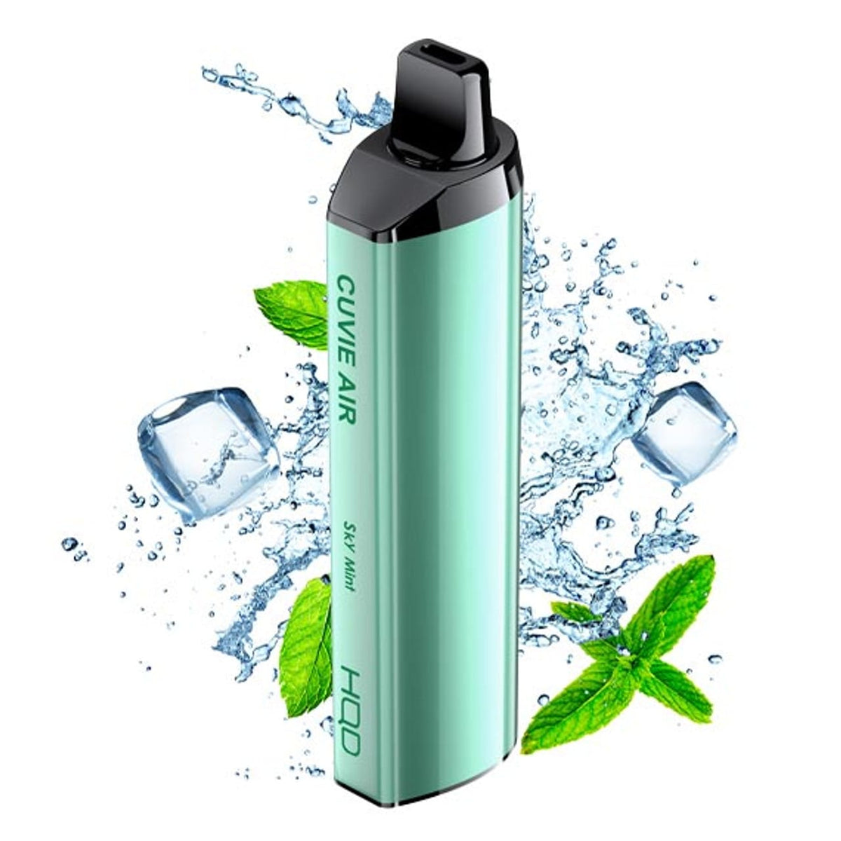 Teal rechargeable disposable vape with black mouthpiece, mint leaves and water splash.