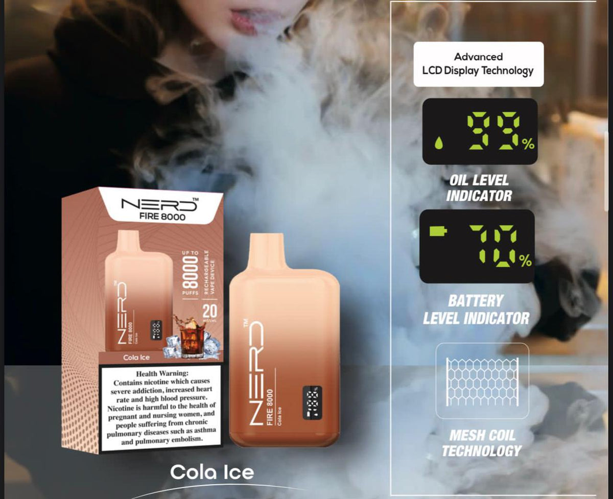 Beige disposable vape with LCD display, 8000 puffs, Cola Ice flavor