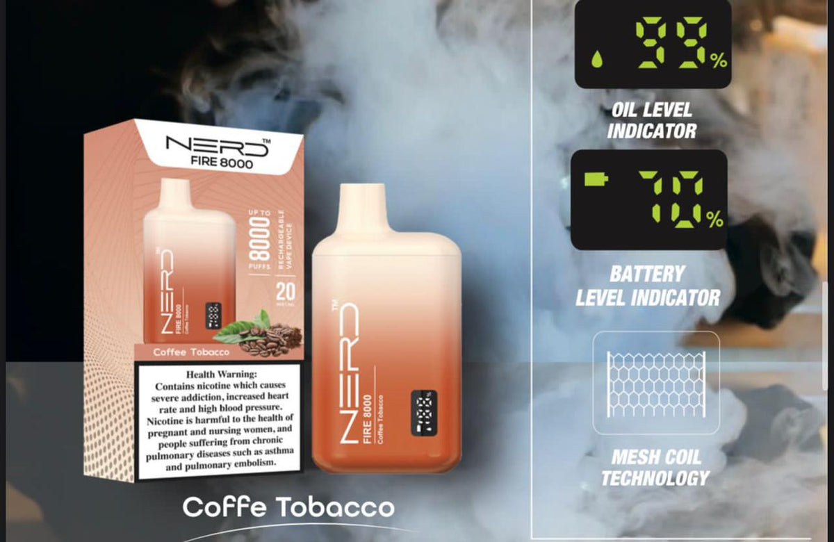Beige disposable vape with LCD display, 8000 puffs, Coffee Tobacco flavor