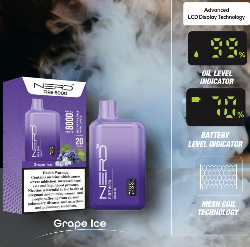 Purple disposable vape with LCD display, 8000 puffs, Grape Ice flavor