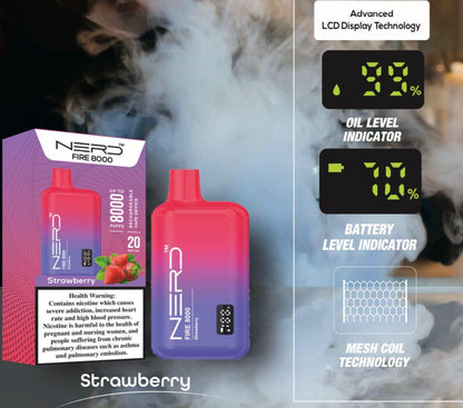 Red disposable vape with LCD display, 8000 puffs, Strawberry flavor