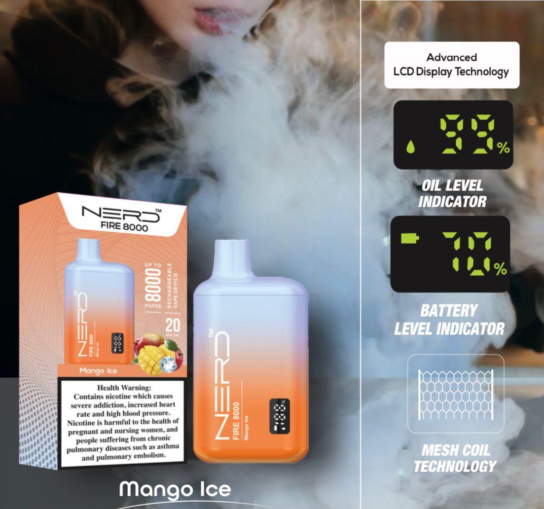 Orange disposable vape with LCD display, 8000 puffs, Mango Ice flavor