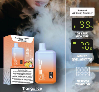 Orange disposable vape with LCD display, 8000 puffs, Mango Ice flavor