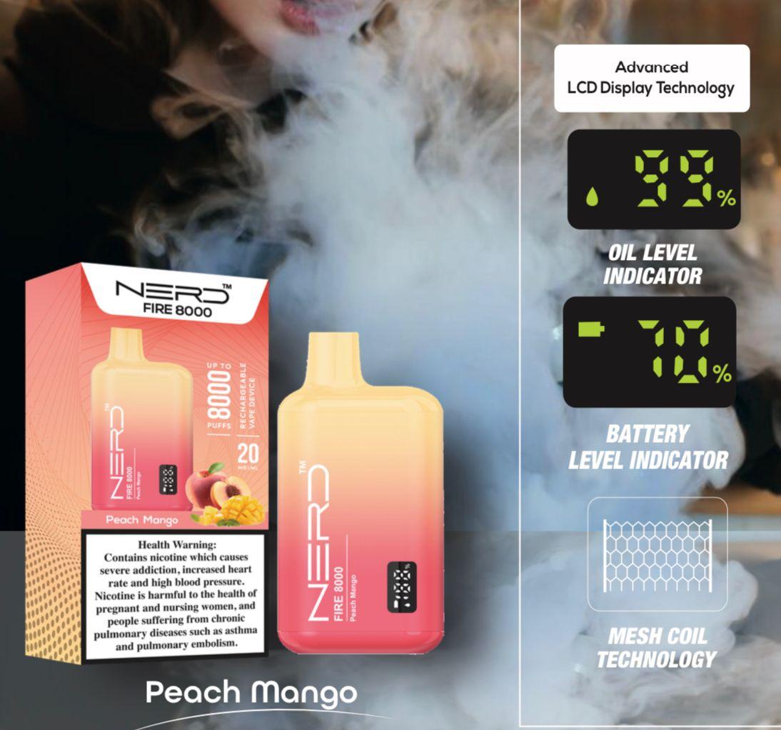 Disposable vape device with LCD screen, peach mango pink-orange body and box