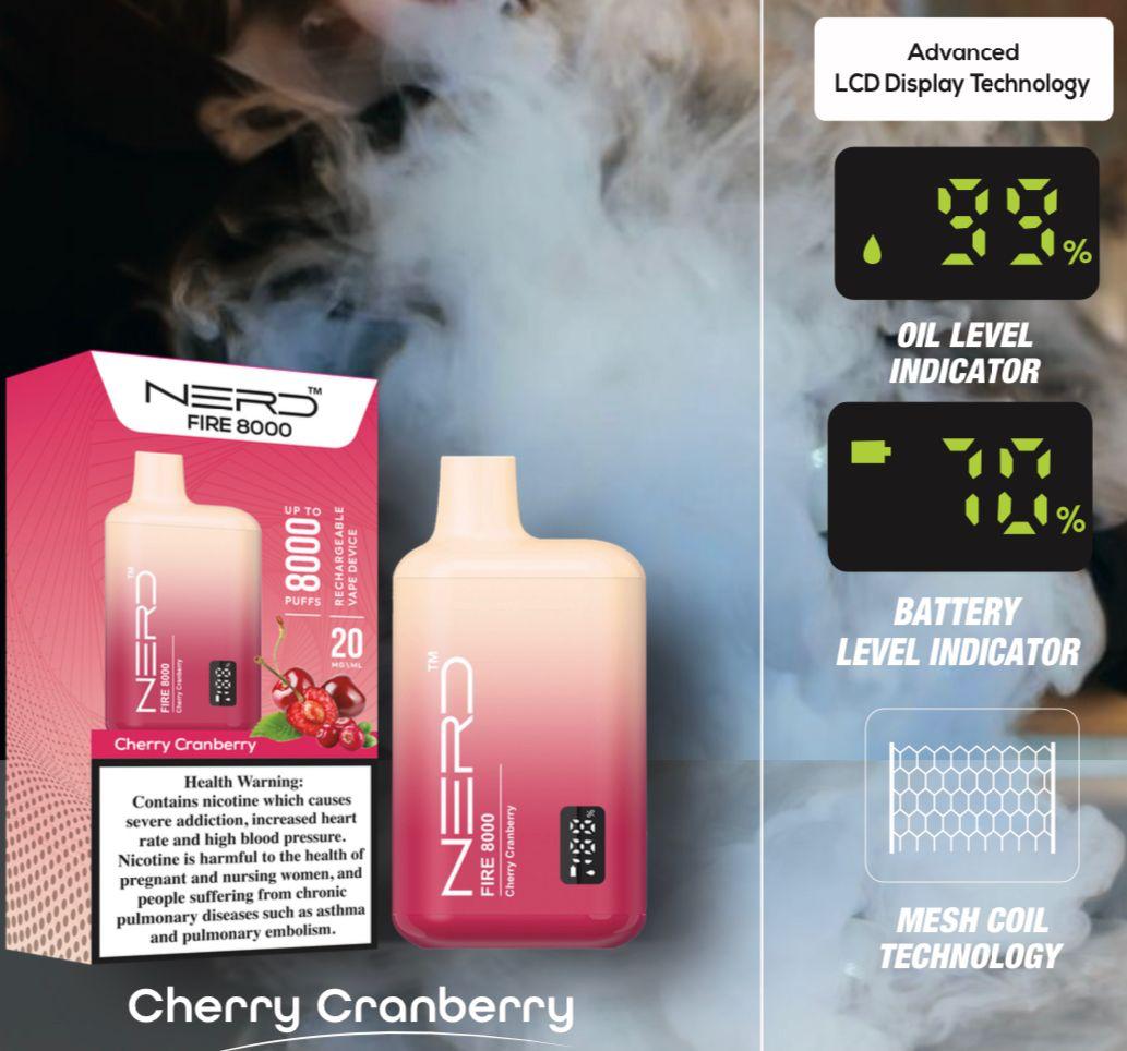 Disposable vape device with LCD screen, cherry cranberry pink-red body and box