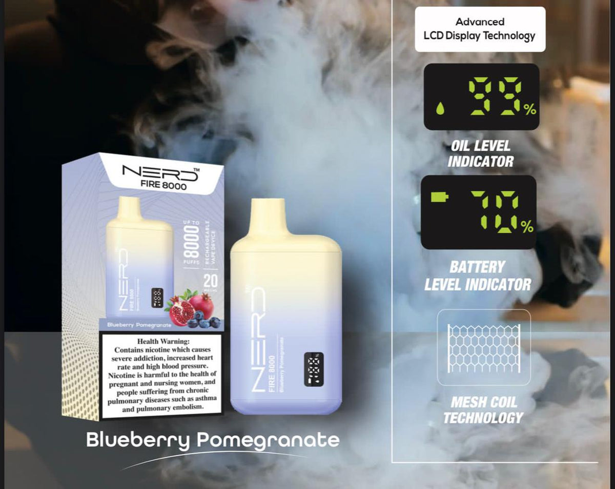 Disposable vape device with LCD screen, blueberry pomegranate light blue body and box
