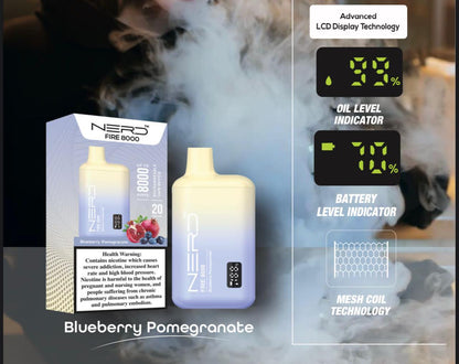 Disposable vape device with LCD screen, blueberry pomegranate light blue body and box