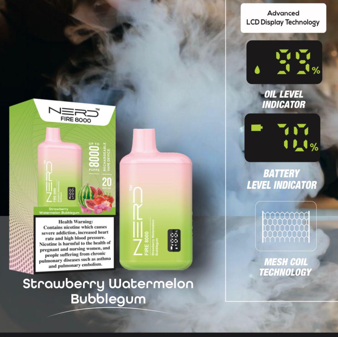 Disposable vape device with LCD screen, strawberry watermelon bubblegum green-pink body and box